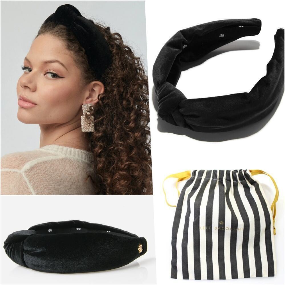 Lele Sadoughi Jet Black Velvet Knotted Headband Gold Logo NWT